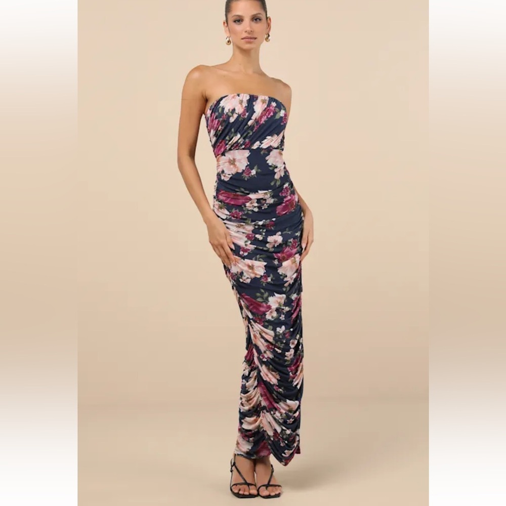 Lulus Navy Floral Strapless mesh Maxi Dress Slit Bodycon XS